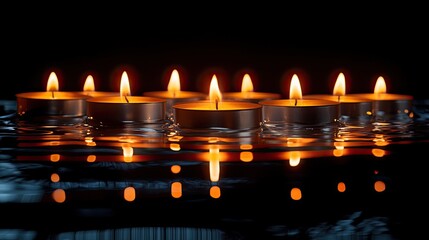 A row of small oil lamps with flickering flames, placed on a reflective surface.
