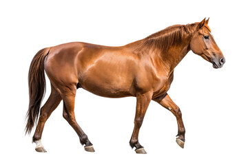 Fototapeta premium A majestic brown horse with a shiny coat walks forward isolated on white background 