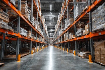 Long aisle of shelves filled with merchandise at a storage warehouse facility showing logistics and shipping
