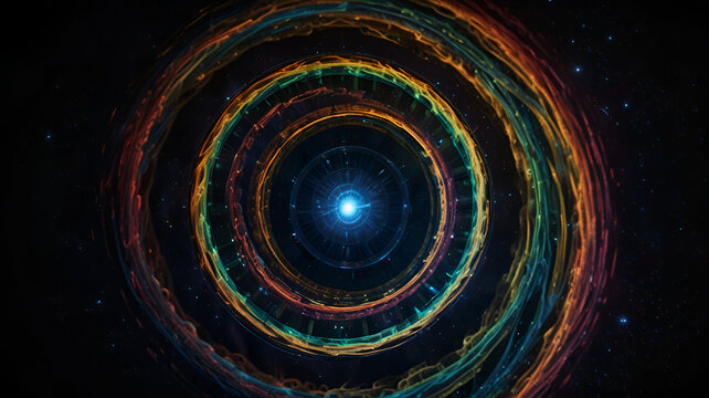 "Alien engine core rotating in a vortex of anti-gravity color trails."


