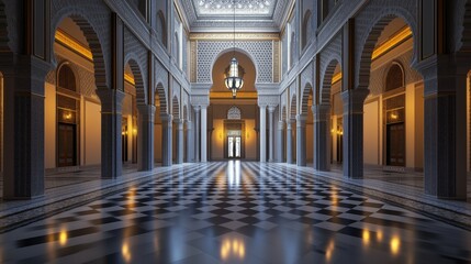 Grand Hallway: Architectural splendor captured in a spacious hallway with marble flooring, showcasing arches, columns, and a decorative chandelier. A grand entrance that exudes elegance and history.