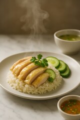 Thai Hainanese Chicken Rice with Cucumber and Soup