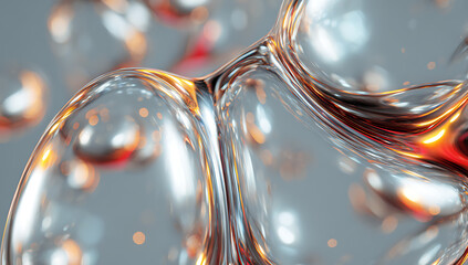 Abstract close-up of shimmering, translucent spheres.  Fluid forms, metallic sheen, warm undertones.