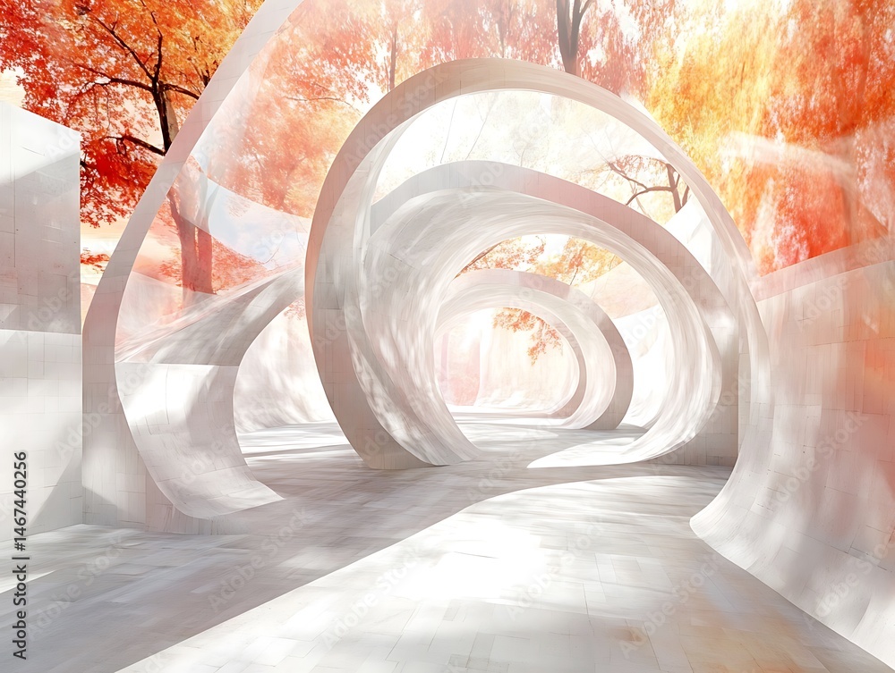 Poster abstract architectural design with warm autumnal tones creating dreamscape effect