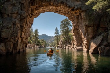 Kayaker paddles serene river under natural rock arch amidst scenic mountainous woodland landscape on sunny day