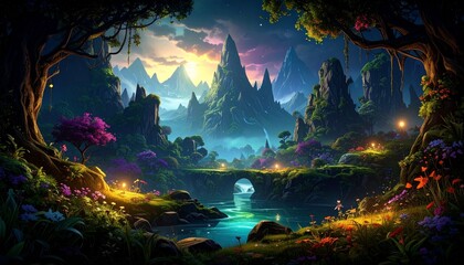 A magical fantasy landscape with lush forests, sparkling rivers, majestic mountains and surreal colorful skies.