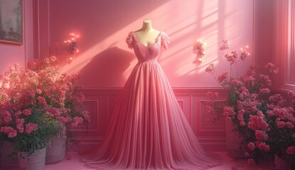 Pink gown in a floral room