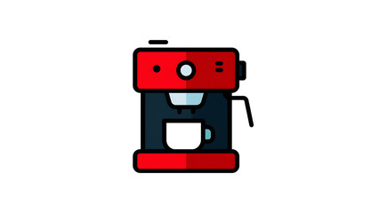 Stylized illustration of a red and dark blue coffee maker with cup on a transparent background.