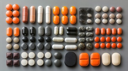 Various colorful pills and capsules arranged neatly on a gray background. Use for pharmaceutical, medical, or healthcare related content creation.