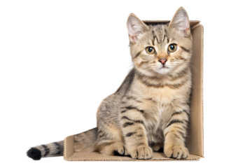 Cute tabby cat in a box isolated on white background PNG