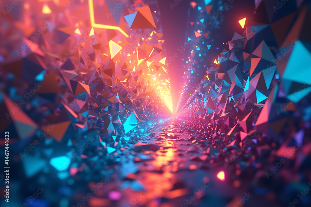 Aufkleber abstract digital tunnel illuminated with vibrant neon colors and geometric polygonal structures