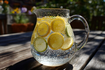 Sparkling lemon and lime slices in glass pitcher with bubbles on outdoor wooden table