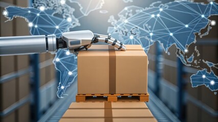 A robotic arm handles packages in a modern warehouse with a digital globe backdrop, symbolizing automation in logistics and global trade.