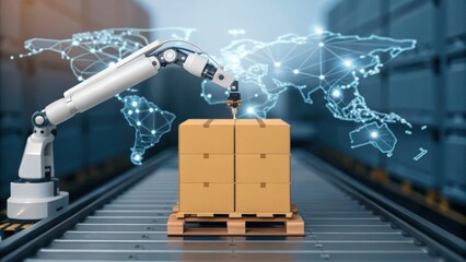 A robotic arm handling boxes on a conveyor belt with a digital world map overlay, symbolizing automation in logistics and supply chain management.