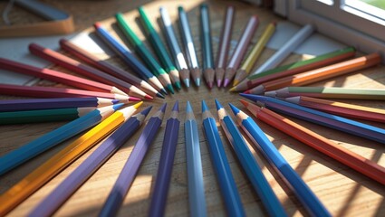 Fototapeta premium Photorealistic image of a colored pencils on a glossy white tabletop