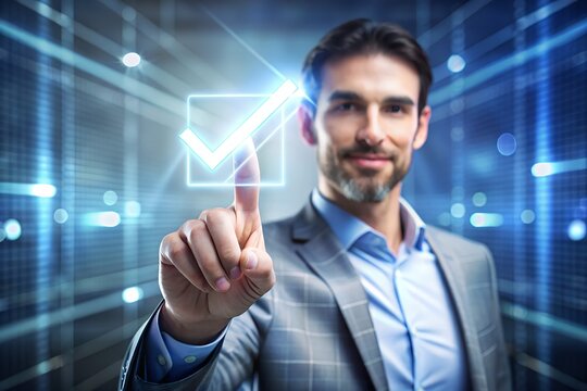 businessman pushing a button on touch screen interface, touch sreen