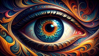 A surreal and colorful close-up of an eye rendered in an abstract fantasy style, with intricate swirling patterns and vivid gradients
