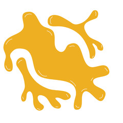 Fluid splatter with glossy surface and droplets scattered around. Smooth abstract curved liquid blob shape. Modern design element for creative backgrounds or decorative purposes