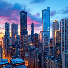 Modern Urban Skyline with Skyscrapers and Sunset Reflections on Water High Resolution Picture