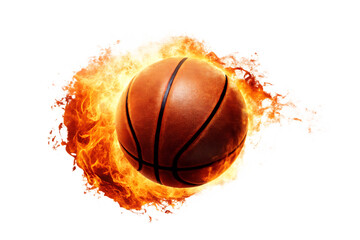 Flying basketball ball with fire flame, isolated on white background PNG