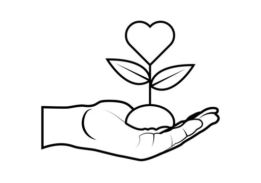 Icono negro de mano ofreciendo planta con coraz&oacute;n