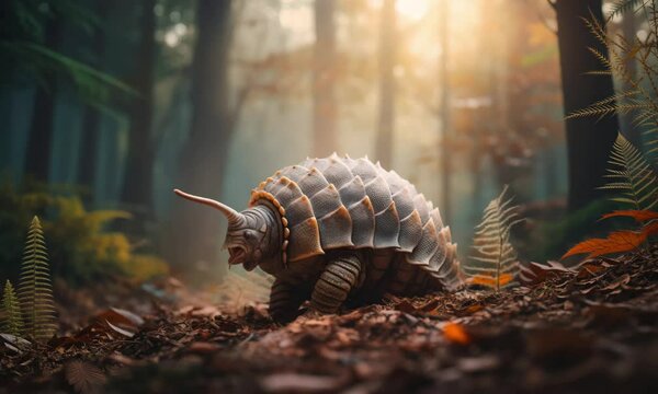 A fascinating armored creature exploring a sunlit forest floor surrounded by ferns.