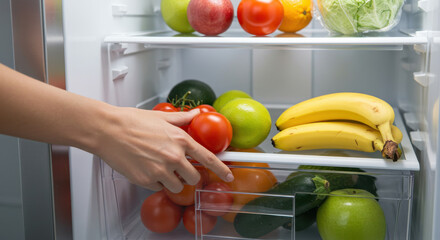 Hand picking tomato from fridge