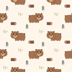 Bear cartoon so cute. On tree log background. Pattern seamless vector illustration. 
