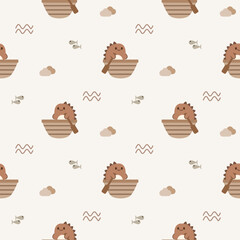 Dinosaur in boat cartoon so cute. On wave fish cloud background. Pattern seamless vector illustration. 