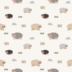 Sheep brown gray and black cartoon so cute. On fence grass cloud background. Pattern seamless vector illustration. 
