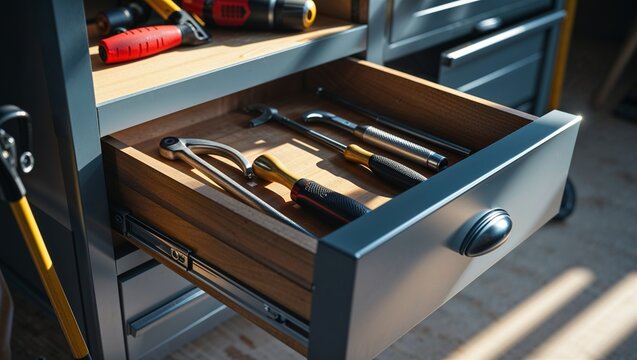 Photorealistic image of a drawer left ajar with tools