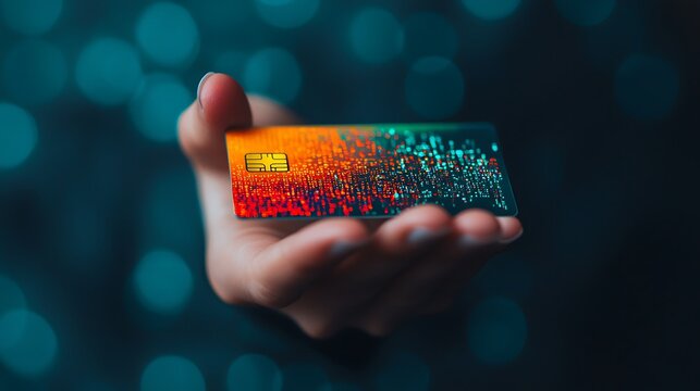 A person holds a futuristic, colorful credit card with digital patterns against a blurred blue background.