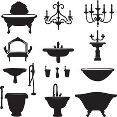 Bathroom Fixtures Silhouettes: Elegant Bathtubs, Sinks, and Chandeliers in Classic Style