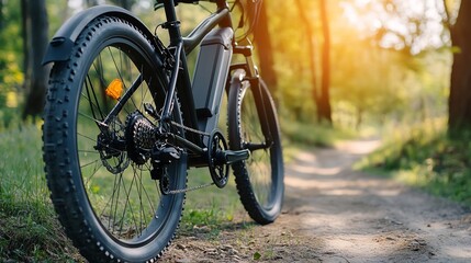 Modern electric bicycle stands ready for an outdoor adventure in serene forest