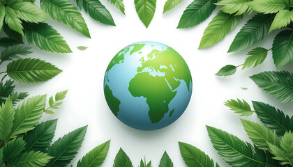 Earth Globe Surrounded by Green Leaves on White Background