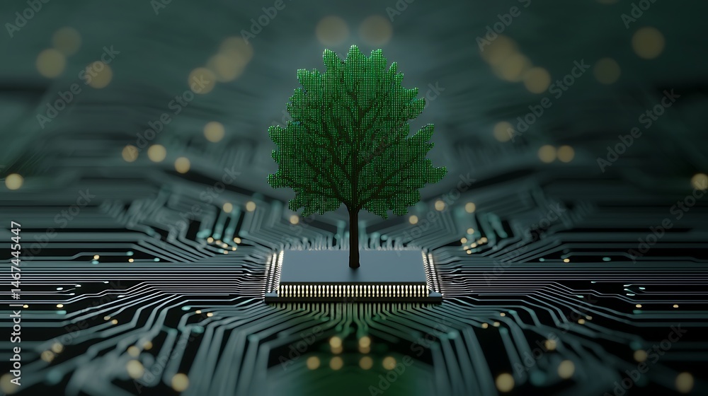 Poster a digital tree grows from a microchip, blending technology and nature in a futuristic, eco-friendly 