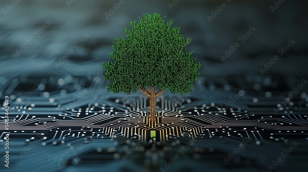 Poster a digital tree emerges from a circuit board, symbolizing the connection between technology and natur