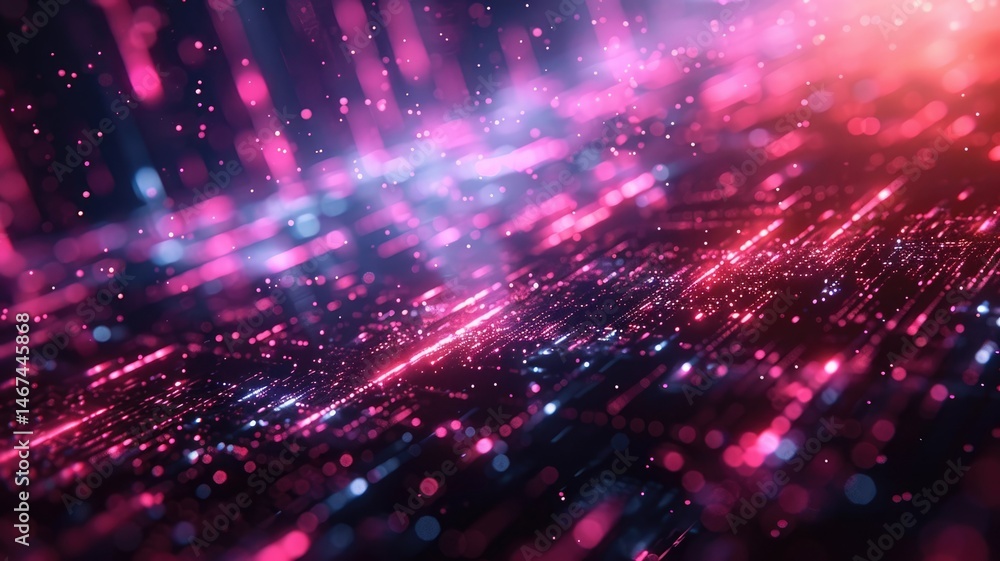 Poster abstract picture of micro light sparkling particles scattered across vivid flowing wave with digital