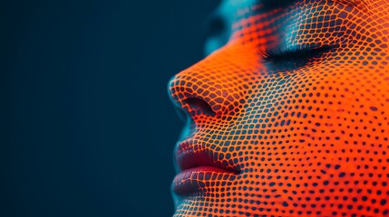 A woman's face with eyes closed, overlaid with a digital mesh and colorful lighting, creating a futuristic and abstract effect.