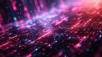 Obraz premium Abstract picture of micro light sparkling particles scattered across vivid flowing wave with digital background, create digital effect scene perfect for energetic and fantasy wallpaper design. AIG53.