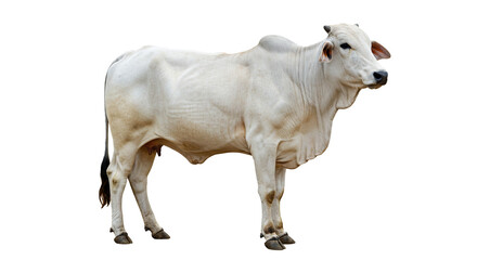 A serene portrait captures a light brown cow with curved horns, calmly reclining against a dark transparent background, showcasing its relaxed posture and peaceful demeanor in a clear image.
