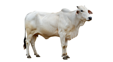 A serene portrait captures a light brown cow with curved horns, calmly reclining against a dark transparent background, showcasing its relaxed posture and peaceful demeanor in a clear image.