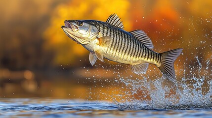 Striped fish leaping from water. Autumnal backdrop