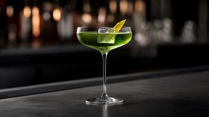A vibrant green cocktail garnished with lemon zest and served in a stylish glass, set against a blurred bar background, This image is perfect for promotions, menus