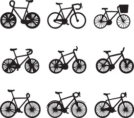 Black Bicycle Silhouettes: Variety of Bike Styles, Road, City, and Vintage Designs