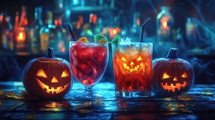 A haunting Halloween scene featuring two cocktails in clear glasses with green liquid and a salted rim, set against a foggy backdrop.