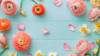 Fototapeta premium Beautiful spring garden background with blooming pink tulips and blue forget-me-nots in pastel hues 