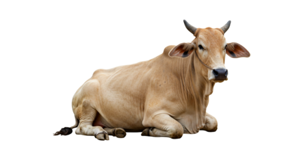 A serene, tan-colored cow with short horns rests gracefully, lying down on a transparent background, radiating a calm and peaceful mood with a relaxed posture in this detailed wildlife depiction.