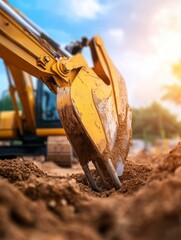 A close-up of a construction excavator digging into earth, showcasing the detailed mechanics of the bucket in action, Perfect for articles on construction, machinery, or site development,