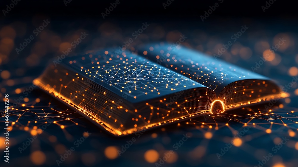 Poster an open book emits glowing, interconnected digital nodes, symbolizing the fusion of knowledge and te